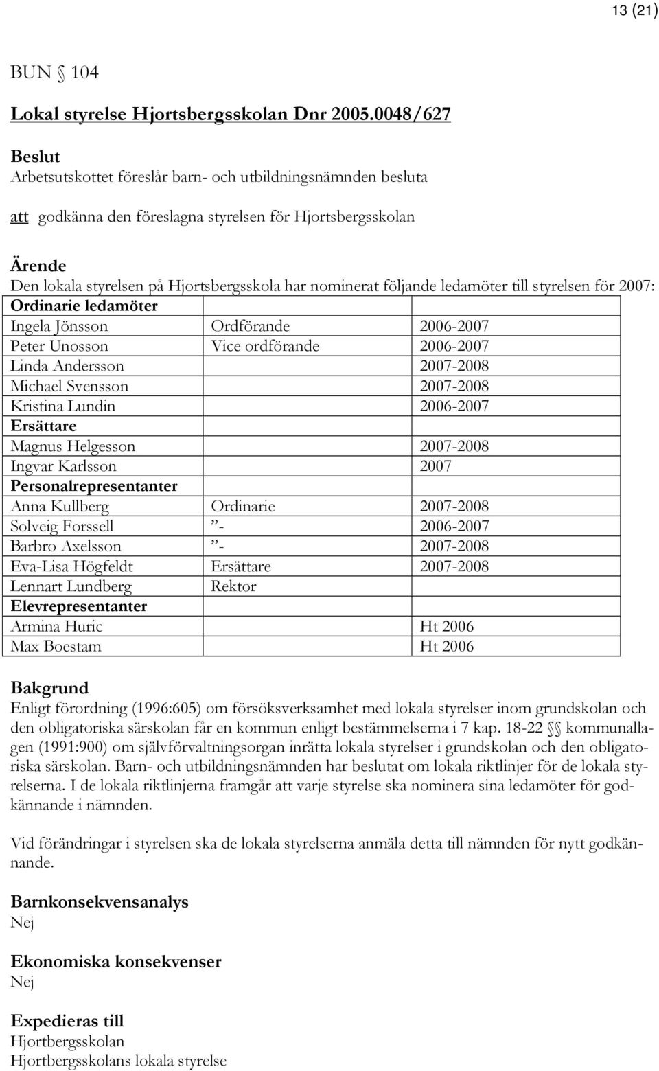 ledamöter till styrelsen för 2007: Ordinarie ledamöter Ingela Jönsson Ordförande 2006-2007 Peter Unosson Vice ordförande 2006-2007 Linda Andersson 2007-2008 Michael Svensson 2007-2008 Kristina Lundin