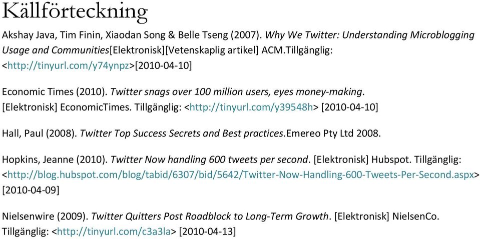 com/y39548h> [2010 04 10] Hall, Paul (2008). Twitter Top Success Secrets and Best practices.emereo Pty Ltd 2008. Hopkins, Jeanne (2010). Twitter Now handling 600 tweets per second.