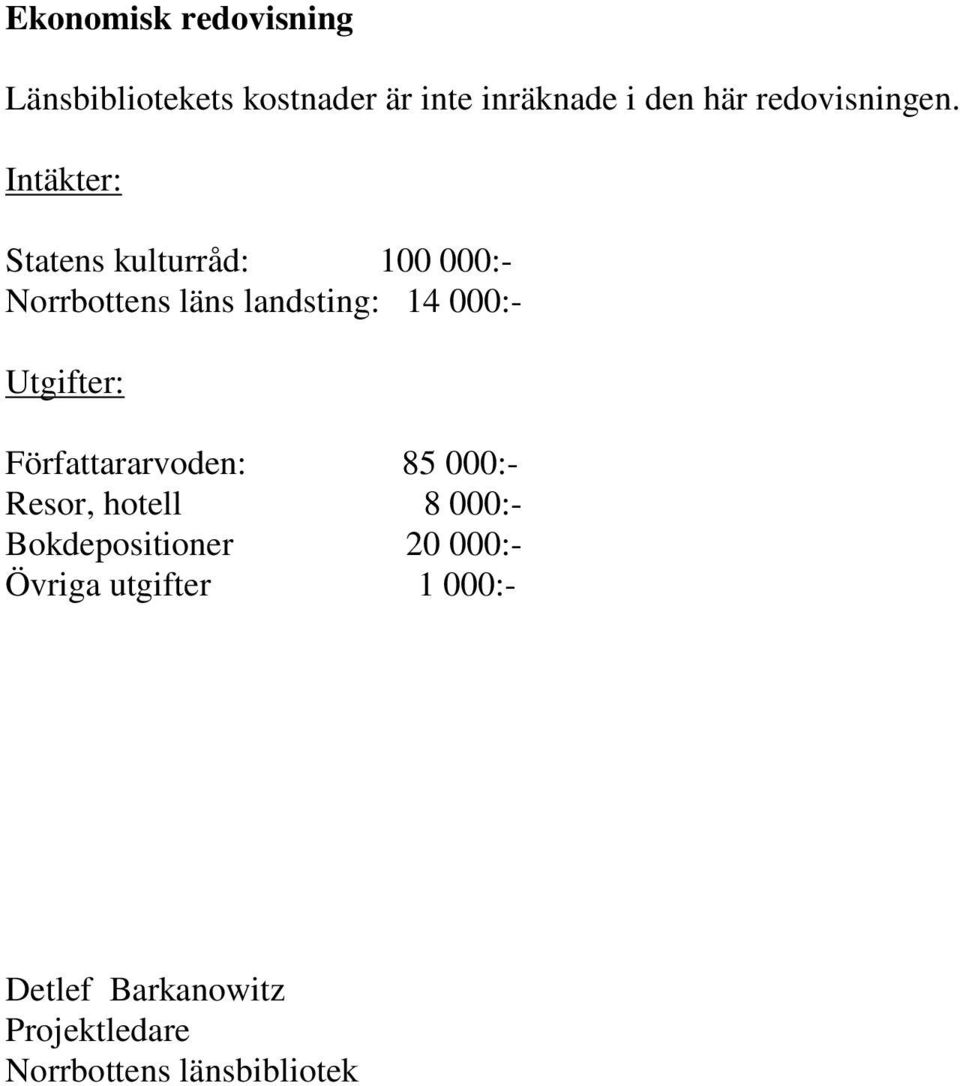 Intäkter: Statens kulturråd: 100 000:- Norrbottens läns landsting: 14 000:-