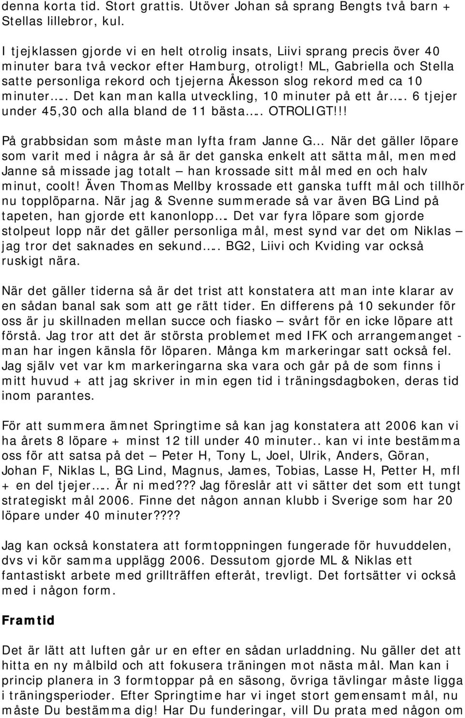 ML, Gabriella och Stella satte personliga rekord och tjejerna Åkesson slog rekord med ca 10 minuter.. Det kan man kalla utveckling, 10 minuter på ett år.