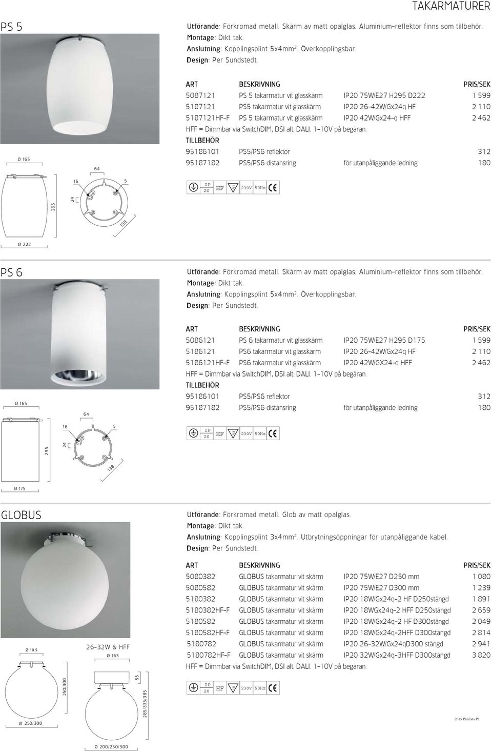 Ø 165 64 5087121 PS 5 takarmatur vit glasskärm 75W/E27 H295 D222 1 599 5187121 PS5 takarmatur vit glasskärm 26-42W/Gx24q HF 2 110 5187121HF-F PS 5 takarmatur vit glasskärm 42W/Gx24-q HFF 2 462