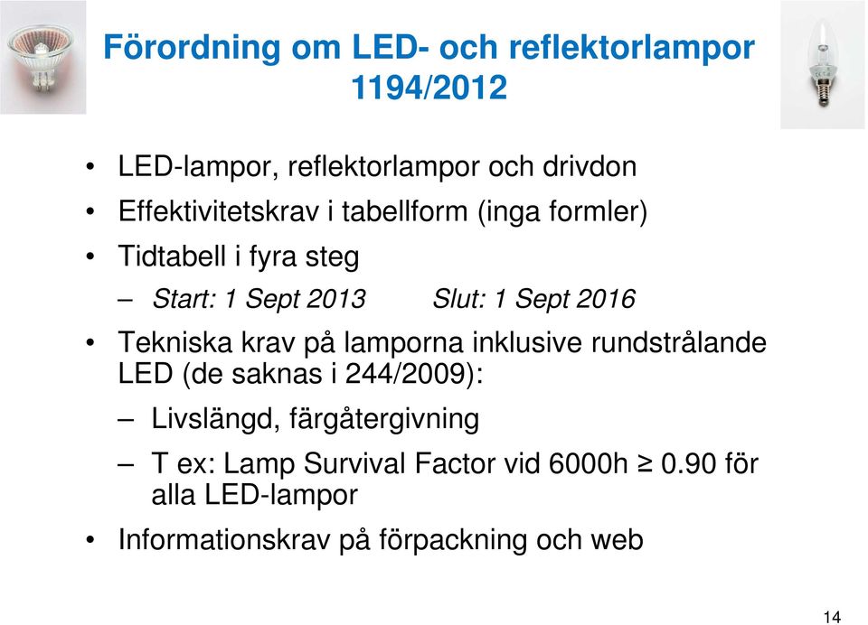 2016 Tekniska krav på lamporna inklusive rundstrålande LED (de saknas i 244/2009): Livslängd,