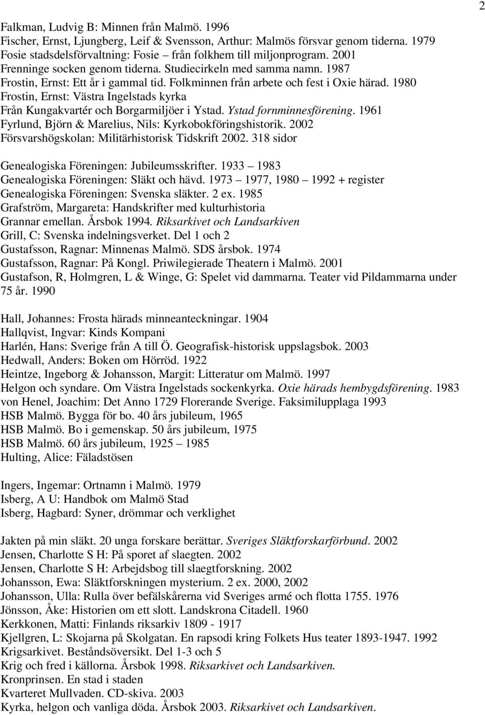 1980 Frostin, Ernst: Västra Ingelstads kyrka Från Kungakvartér och Borgarmiljöer i Ystad. Ystad fornminnesförening. 1961 Fyrlund, Björn & Marelius, Nils: Kyrkobokföringshistorik.