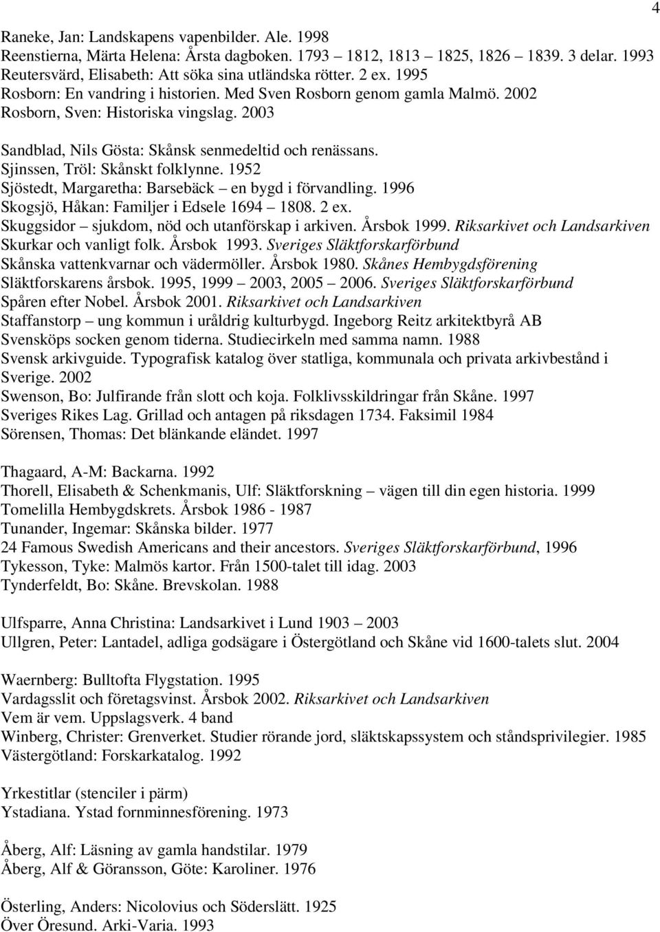 Sjinssen, Tröl: Skånskt folklynne. 1952 Sjöstedt, Margaretha: Barsebäck en bygd i förvandling. 1996 Skogsjö, Håkan: Familjer i Edsele 1694 1808. 2 ex.