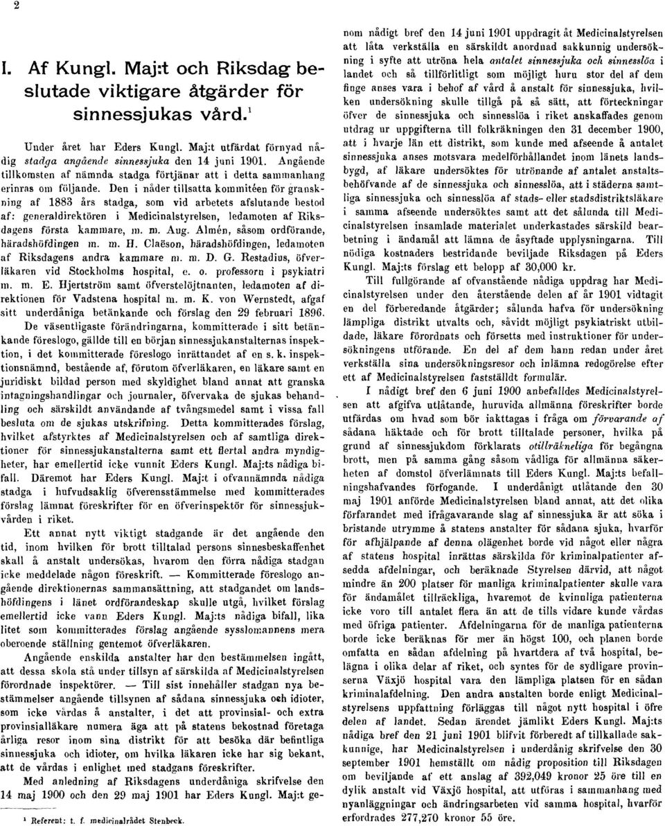 Den i nåder tillsatta kommitéen för granskning af 1883 års stadga, som vid arbetets afslutande bestod af: generaldirektören i Medicinalstyrelsen, ledamoten af Riksdagens första kammare, in. ni. Aug.
