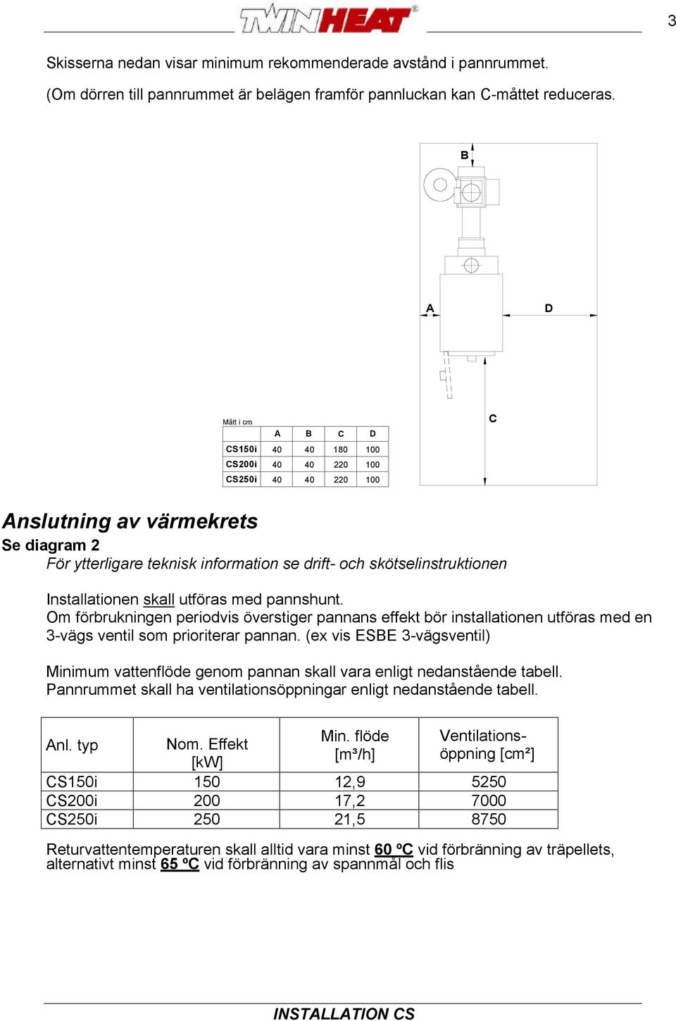 Installationen skall utföras med pannshunt. Om förbrukningen periodvis överstiger pannans effekt bör installationen utföras med en 3-vägs ventil som prioriterar pannan.