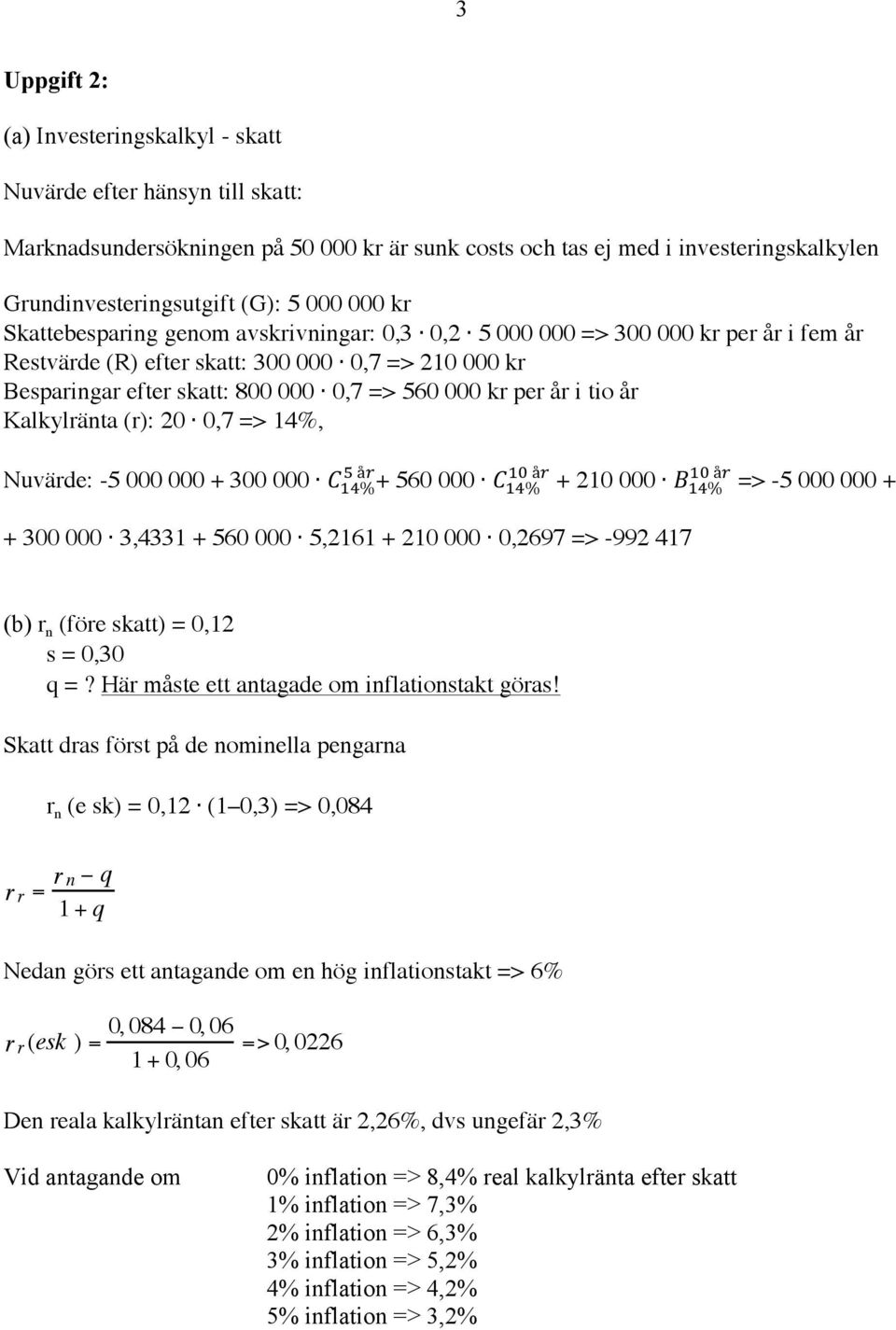 0,2 5 000 000 => 300 000 kr per år i fem år Restvärde (R) efter skatt: 300 000 0,7 => 210 000 kr Besparingar efter skatt: 800 000 0,7 => 560 000 kr per år i tio år Kalkylränta (r): 20 0,7 => 14%,