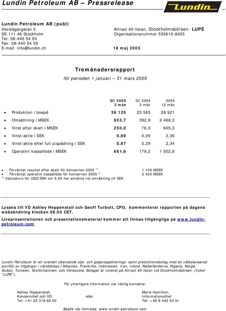 ch 18 maj 2005 Tremånadersrapport för perioden 1 januari 31 mars 2005 Q1 2005 Q1 2004 2004 Produktion i boepd 36 135 23 563 28 921 Omsättning i MSEK 953,7 392,8 2 468,3 Vinst efter skatt i MSEK 250,0