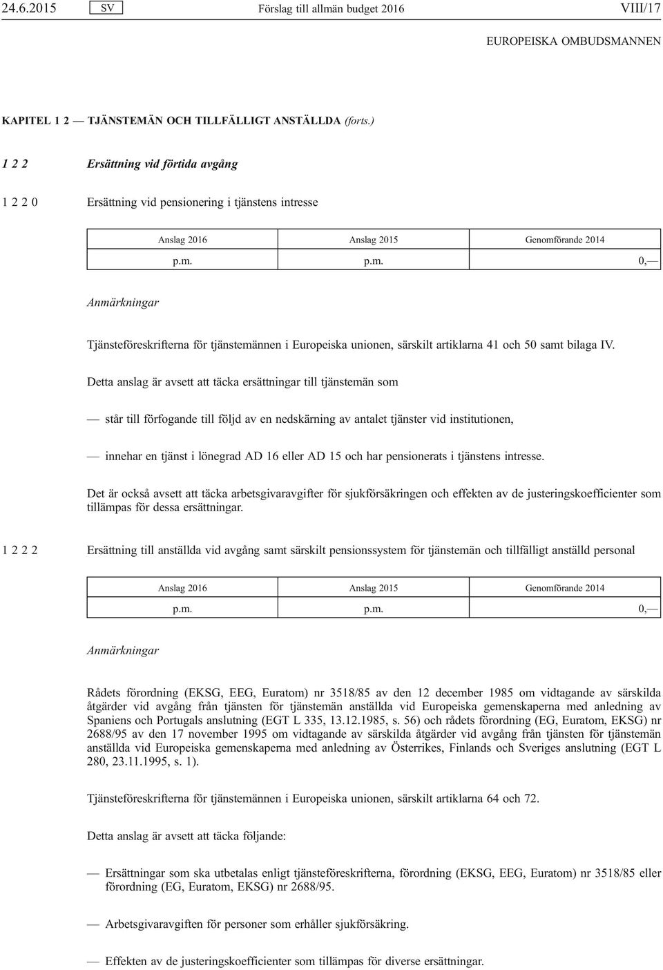 p.m. 0, Tjänsteföreskrifterna för tjänstemännen i Europeiska unionen, särskilt artiklarna 41 och 50 samt bilaga IV.