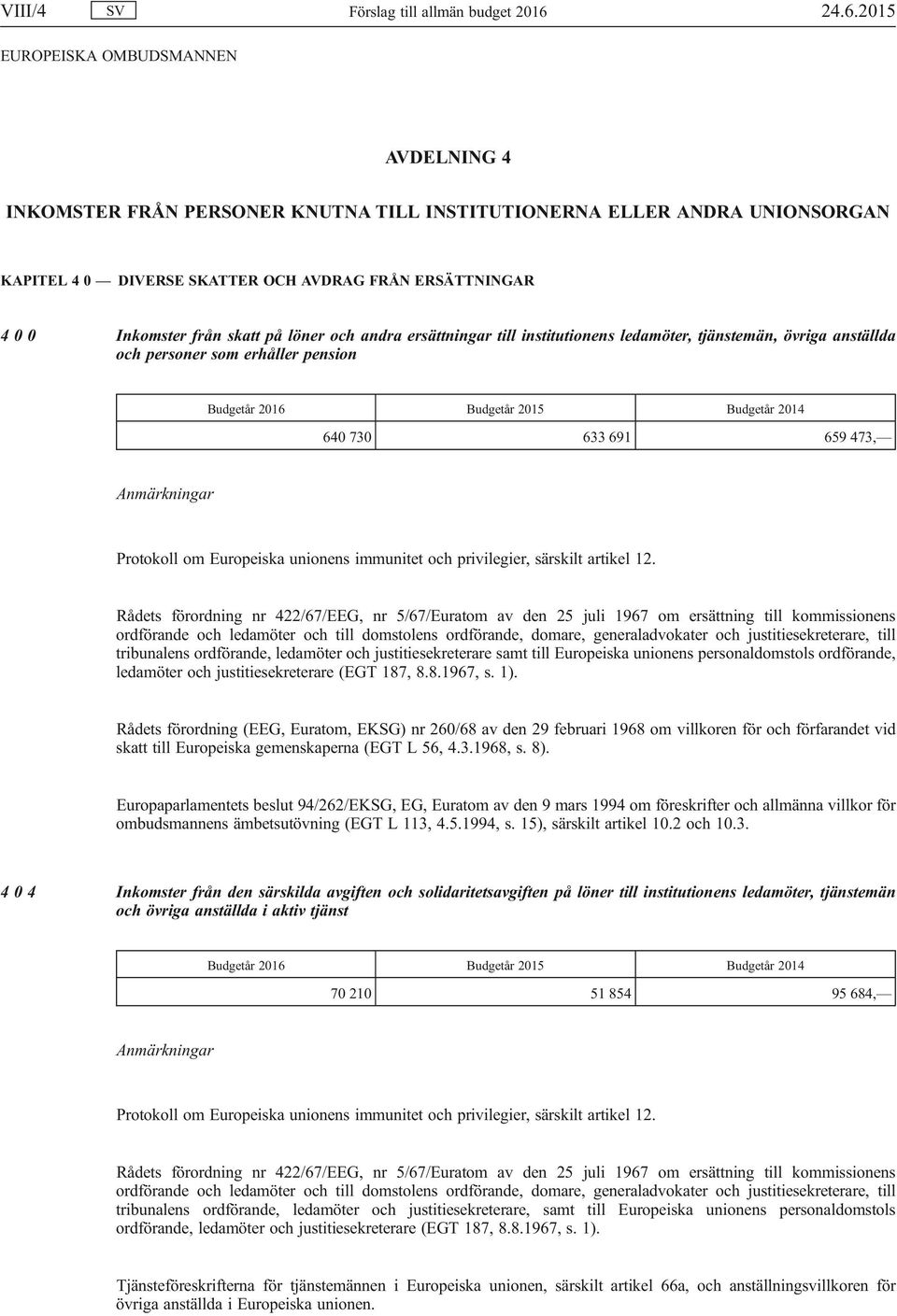 andra ersättningar till institutionens ledamöter, tjänstemän, övriga anställda och personer som erhåller pension Budgetår 2016 Budgetår 2015 Budgetår 2014 640 730 633 691 659 473, Protokoll om