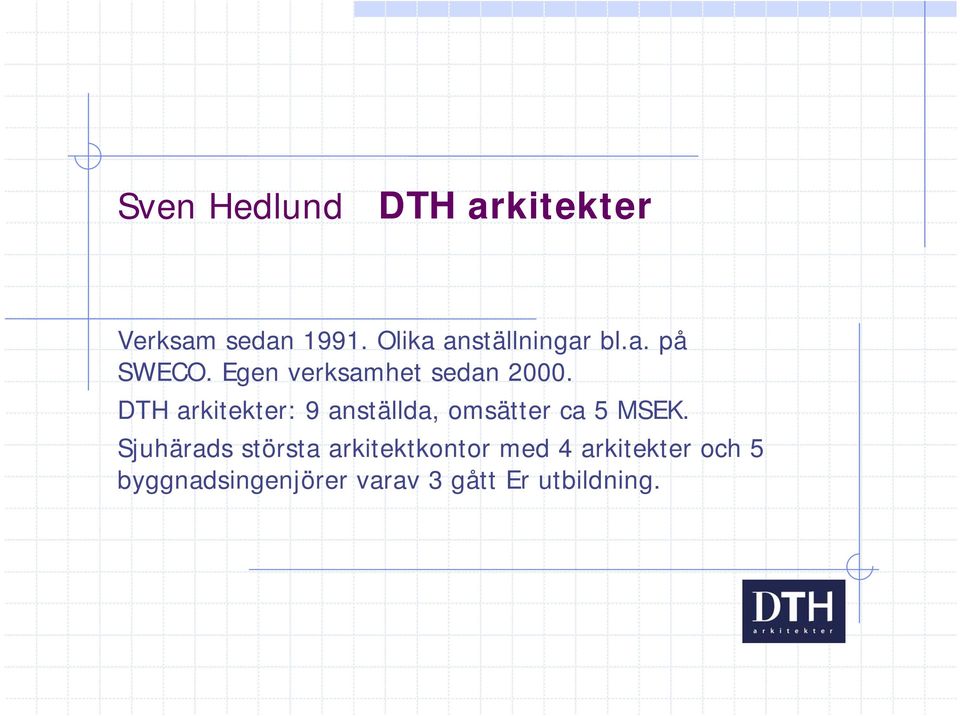 DTH arkitekter: 9 anställda, omsätter ca 5 MSEK.