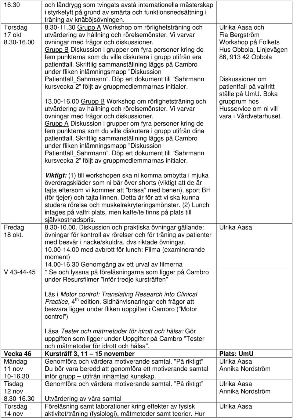 Skriftlig sammanställning läggs på Cambro under fliken inlämningsmapp Diskussion Patientfall_Sahrmann. Döp ert dokument till Sahrmann kursvecka 2 följt av gruppmedlemmarnas initialer. 13.00-16.