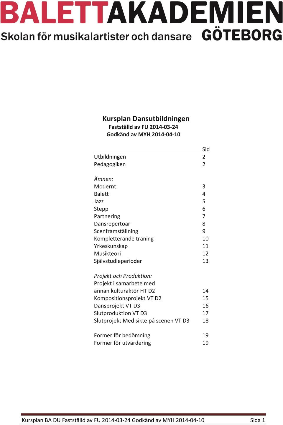 Produktion: Projekt i samarbete med annan kulturaktör HT D2 14 Kompositionsprojekt VT D2 15 Dansprojekt VT D3 16 Slutproduktion VT D3 17 Slutprojekt