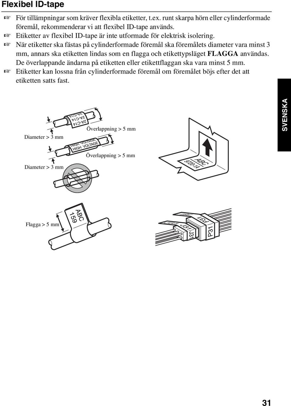 När etiketter ska fästas på cylinderformade föremål ska föremålets diameter vara minst 3 mm, annars ska etiketten lindas som en flagga och etikettypsläget FLAGGA användas.