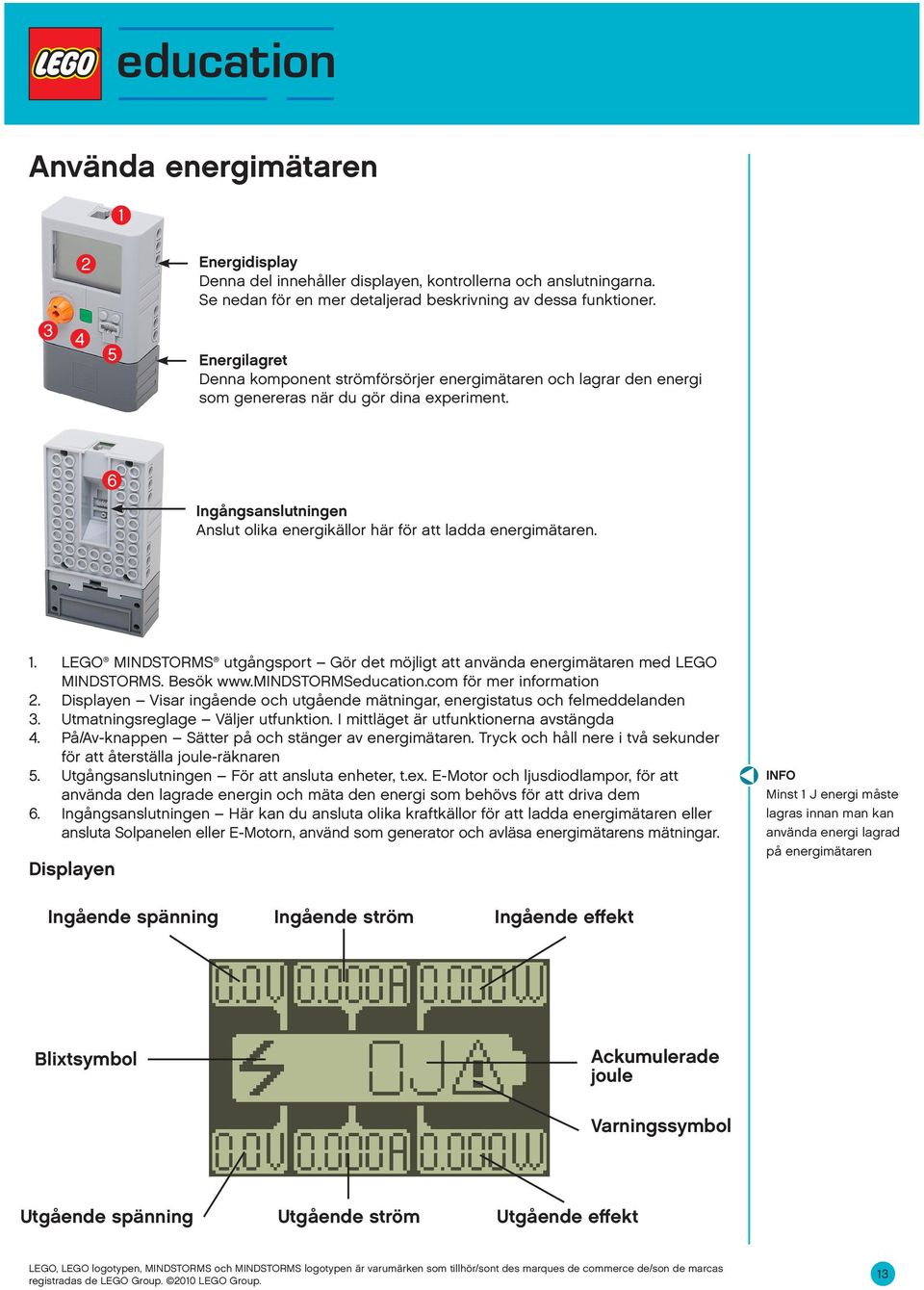 6 Ingångsanslutningen Anslut olika energikällor här för att ladda energimätaren. 1. LEGO MINDSTORMS utgångsport Gör det möjligt att använda energimätaren med LEGO MINDSTORMS. Besök www.