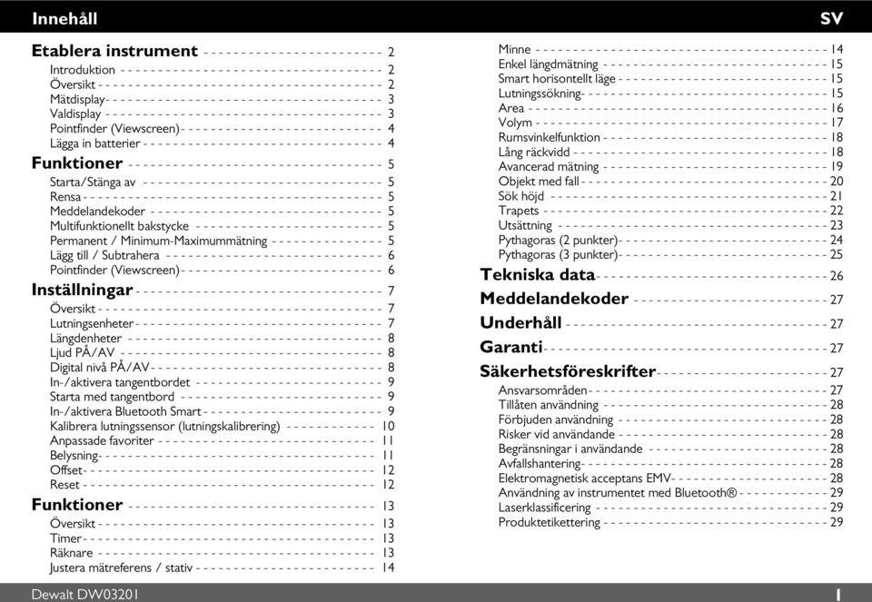 - - - - - - - - - 3 Pontfnder (Vewscreen)- - - - - - - - - - - - - - - - - - - - - - - - - - - 4 Lägga n batterer - - - - - - - - - - - - - - - - - - - - - - - - - - - - - - - - 4 Funktoner - - - - -