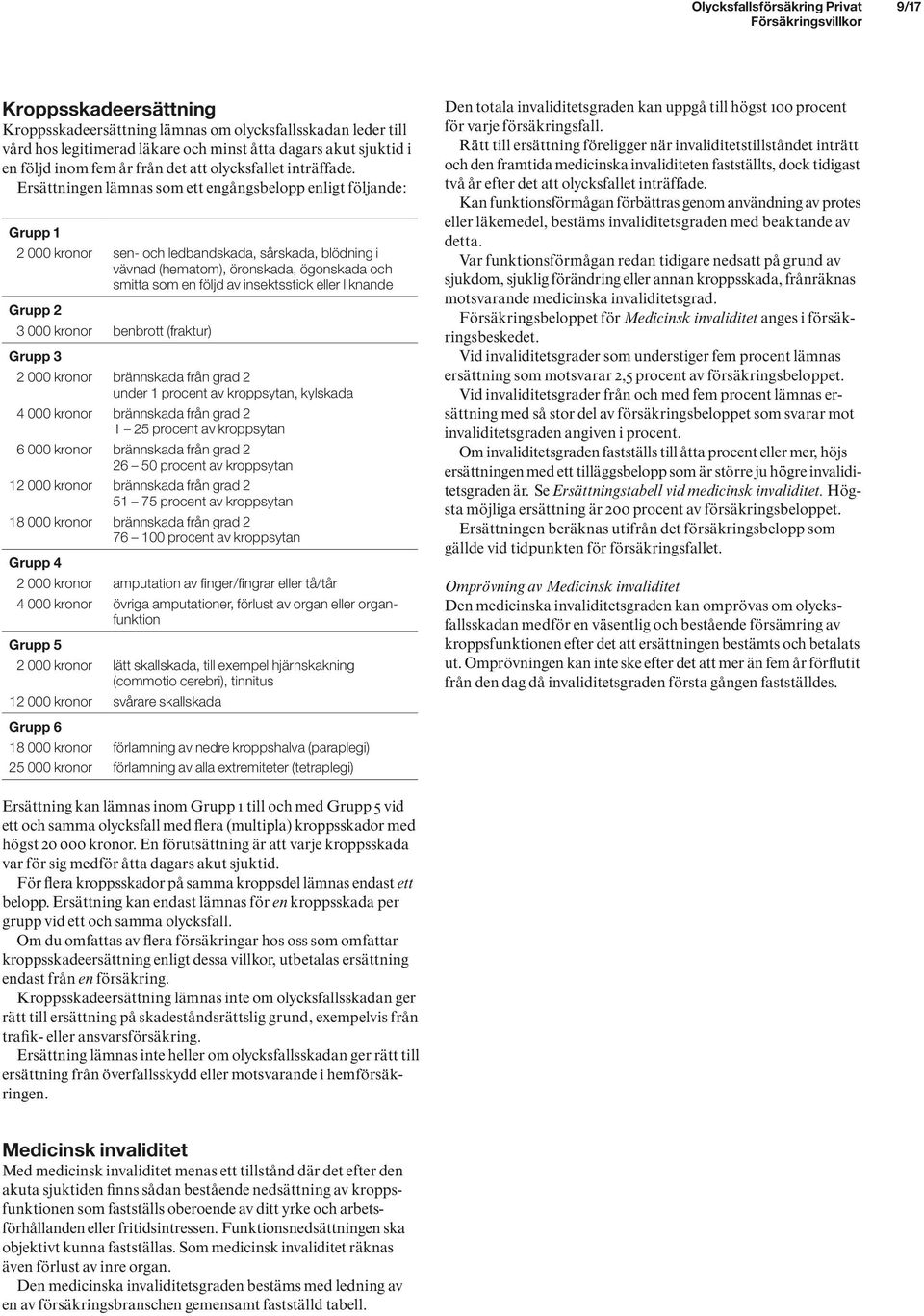 Ersättningen lämnas som ett engångsbelopp enligt följande: Grupp 1 2 000 kronor sen- och ledbandskada, sårskada, blödning i vävnad (hematom), öronskada, ögonskada och smitta som en följd av