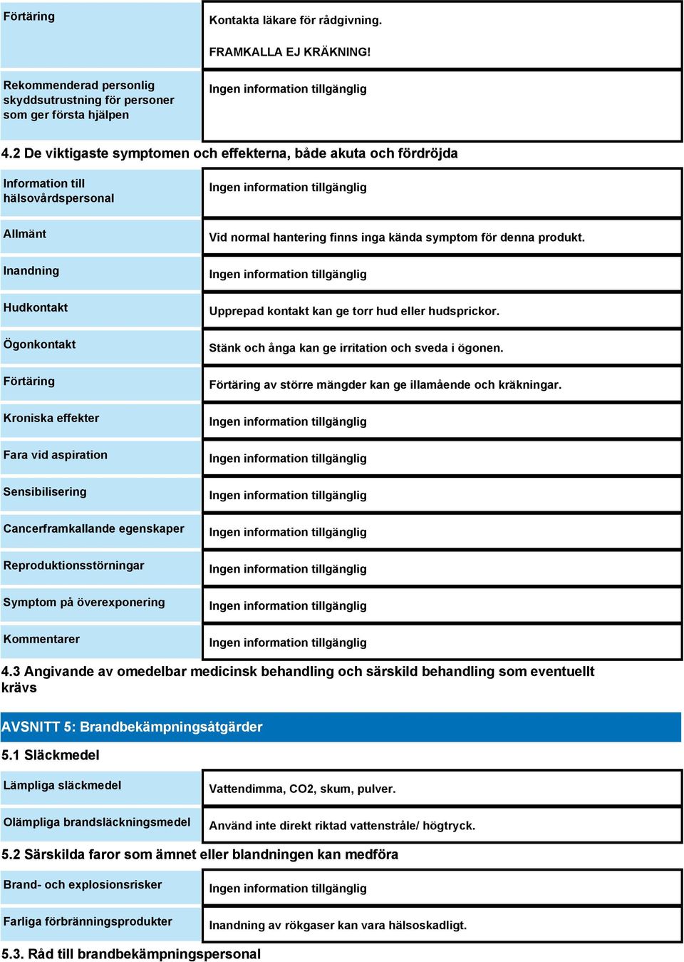 Sensibilisering Cancerframkallande egenskaper Reproduktionsstörningar Symptom på överexponering Kommentarer Vid normal hantering finns inga kända symptom för denna produkt.