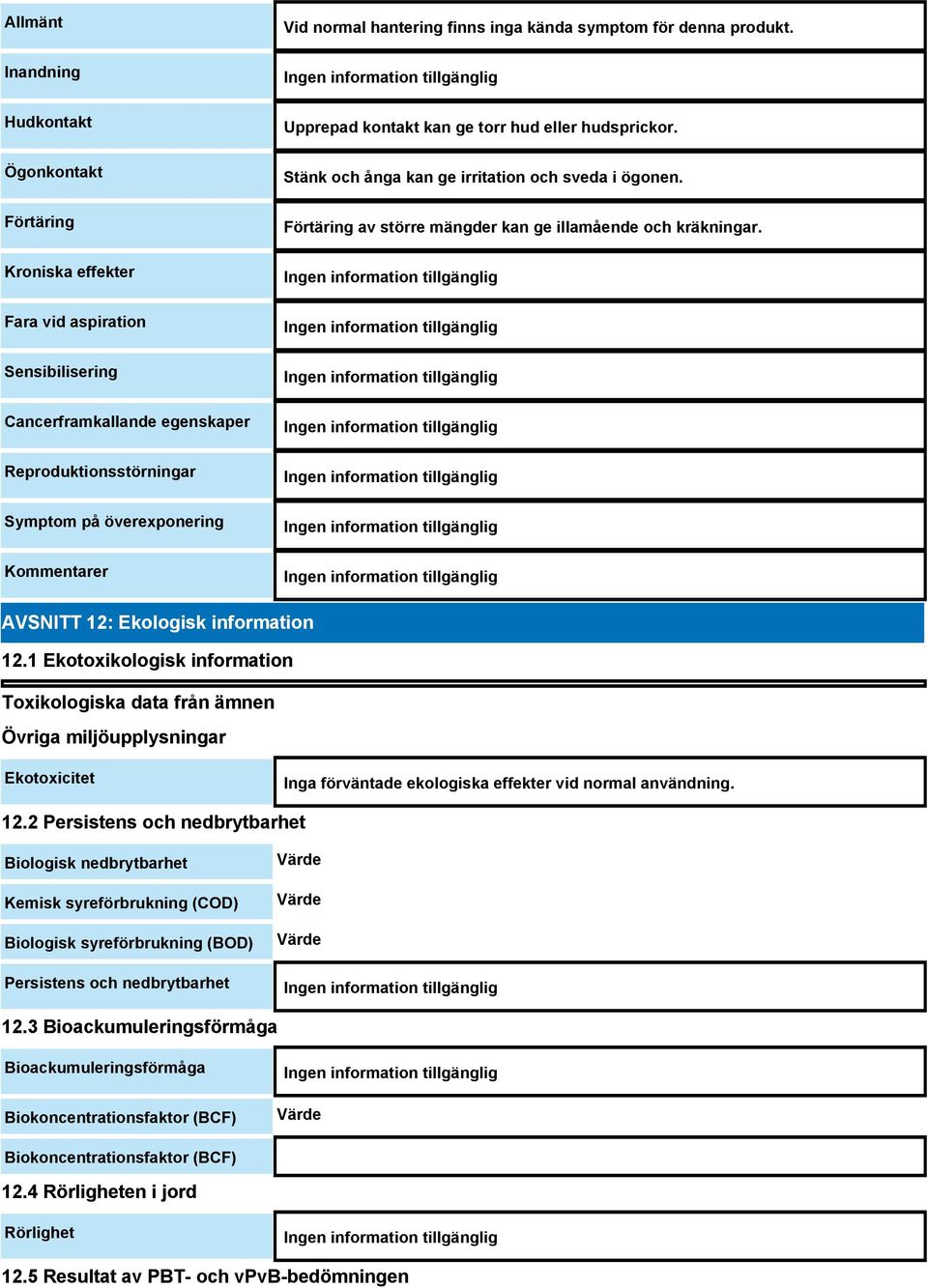 Förtäring av större mängder kan ge illamående och kräkningar. AVSNITT 12: Ekologisk information 12.