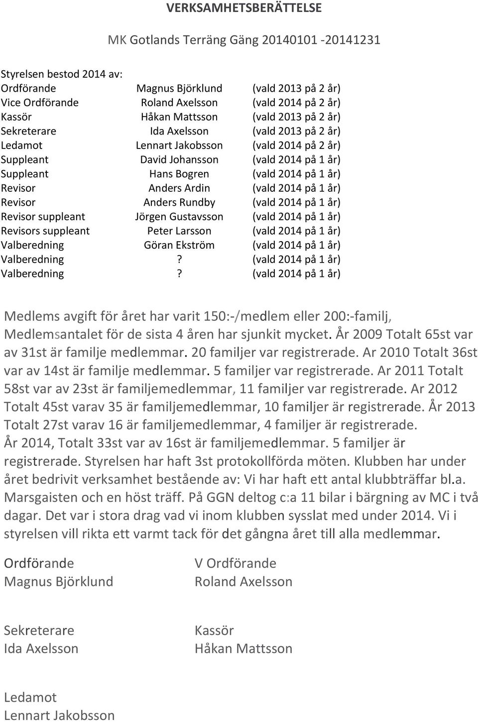2014 på 1 år) Revisor Anders Ardin (vald 2014 på 1 år) Revisor Anders Rundby (vald 2014 på 1 år) Revisor suppleant Jörgen Gustavsson (vald 2014 på 1 år) Revisors suppleant Peter Larsson (vald 2014 på