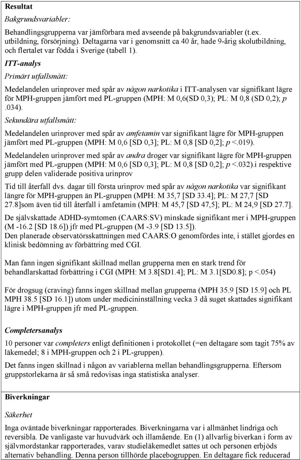 ITT-analys Primärt utfallsmått: Medelandelen urinprover med spår av någon narkotika i ITT-analysen var signifikant lägre för MPH-gruppen jämfört med PL-gruppen (MPH: M 0,6(SD 0,3); PL: M 0,8 (SD