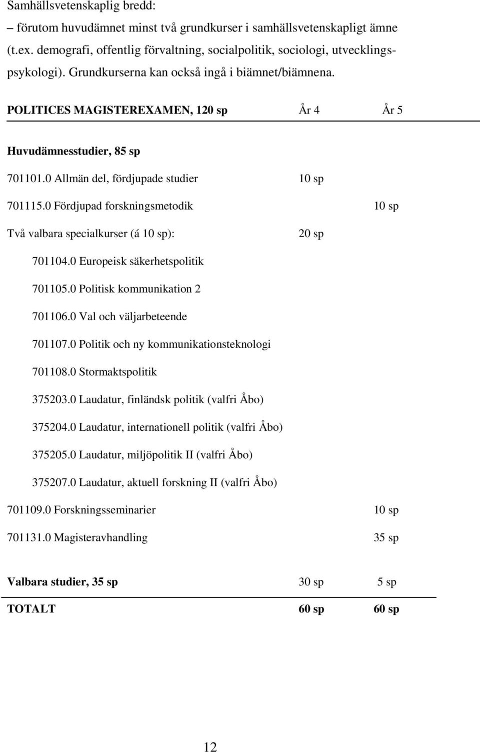 0 Fördjupad forskningsmetodik 10 sp Två valbara specialkurser (á 10 sp): 20 sp 701104.0 Europeisk säkerhetspolitik 701105.0 Politisk kommunikation 2 701106.0 Val och väljarbeteende 701107.