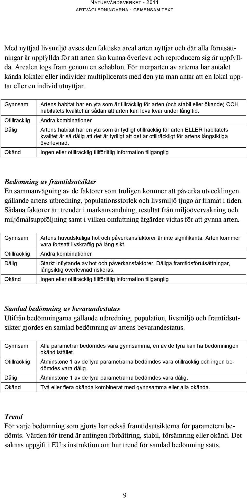 Gynnsam Otillräcklig Dålig Okänd Artens habitat har en yta som är tillräcklig för arten (och stabil eller ökande) OCH habitatets kvalitet är sådan att arten kan leva kvar under lång tid.