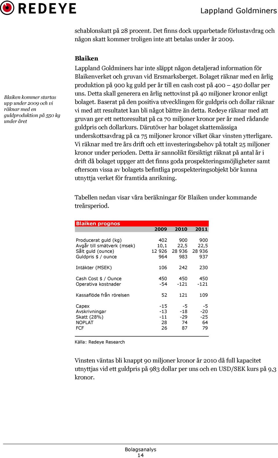 vid Ersmarksberget. Bolaget räknar med en årlig produktion på 900 kg guld per år till en cash cost på 400 450 dollar per uns.