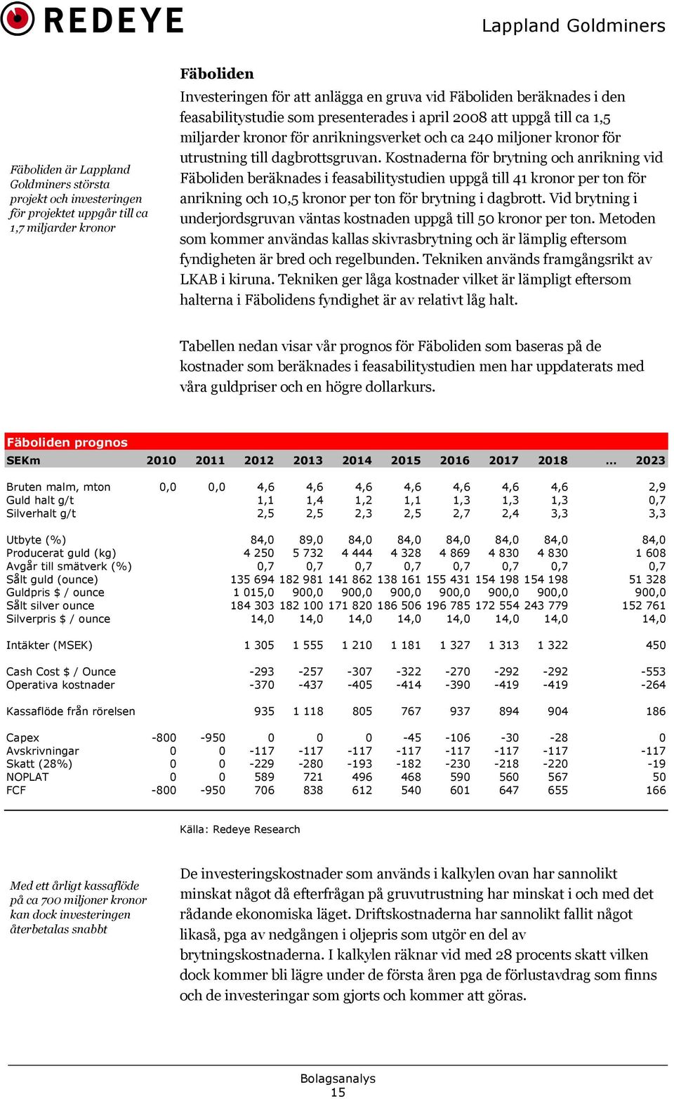 Kostnaderna för brytning och anrikning vid Fäboliden beräknades i feasabilitystudien uppgå till 41 kronor per ton för anrikning och 10,5 kronor per ton för brytning i dagbrott.