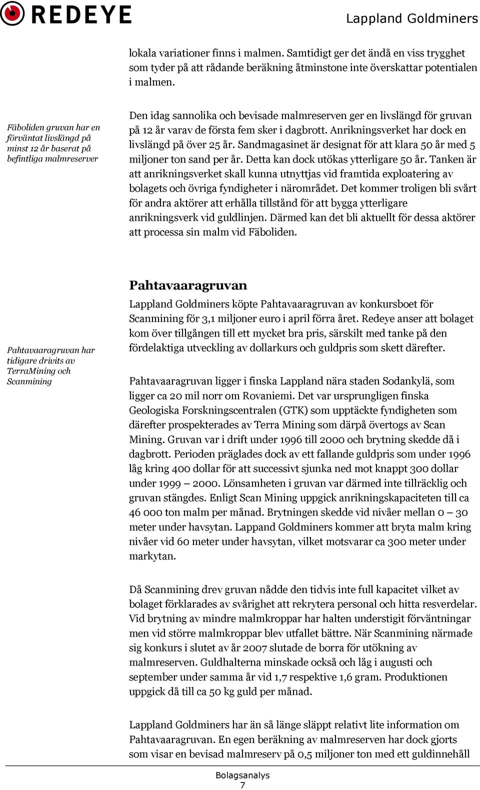 sker i dagbrott. Anrikningsverket har dock en livslängd på över 25 år. Sandmagasinet är designat för att klara 50 år med 5 miljoner ton sand per år. Detta kan dock utökas ytterligare 50 år.