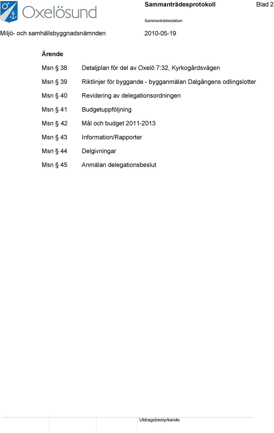 odlingslotter Revidering av delegationsordningen Budgetuppföljning Msn 42 Mål och