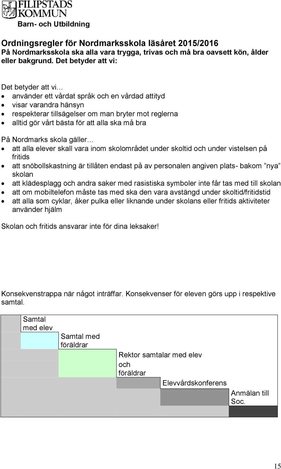 må bra På Nordmarks skola gäller att alla elever skall vara inom skolområdet under skoltid och under vistelsen på fritids att snöbollskastning är tillåten endast på av personalen angiven plats- bakom