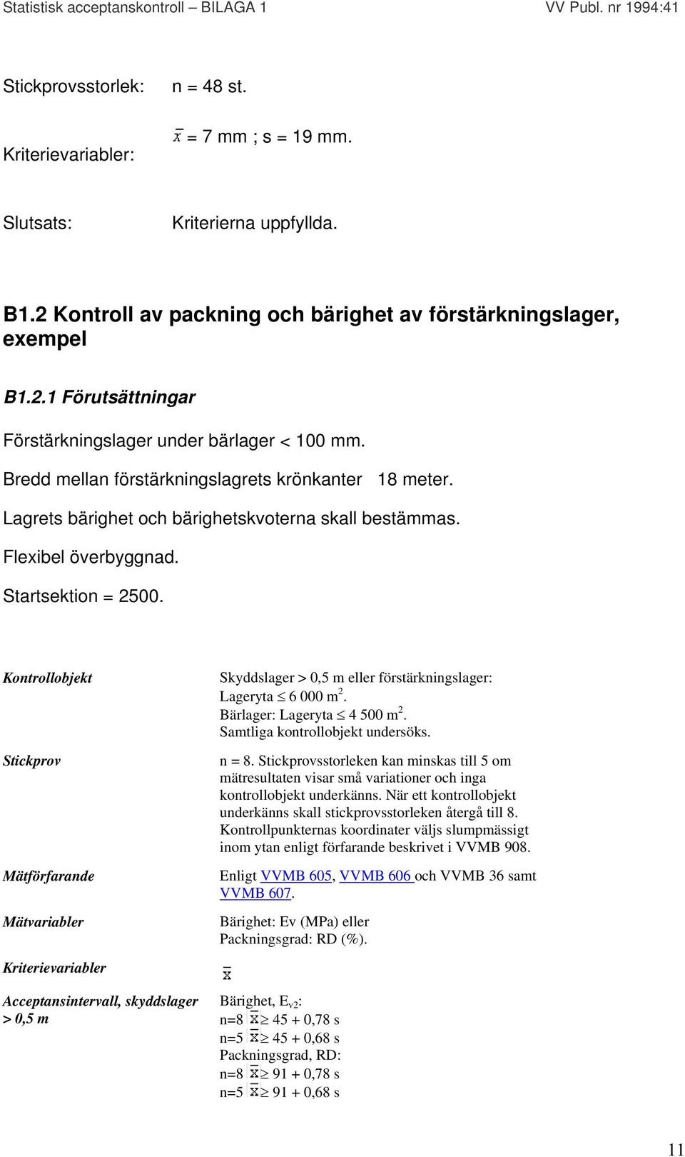 Kontrollobjekt Stickprov Mätförfarande Mätvariabler Kriterievariabler Acceptansintervall, skyddslager > 0,5 m Skyddslager > 0,5 m eller förstärkningslager: Lageryta 6 000 m 2.