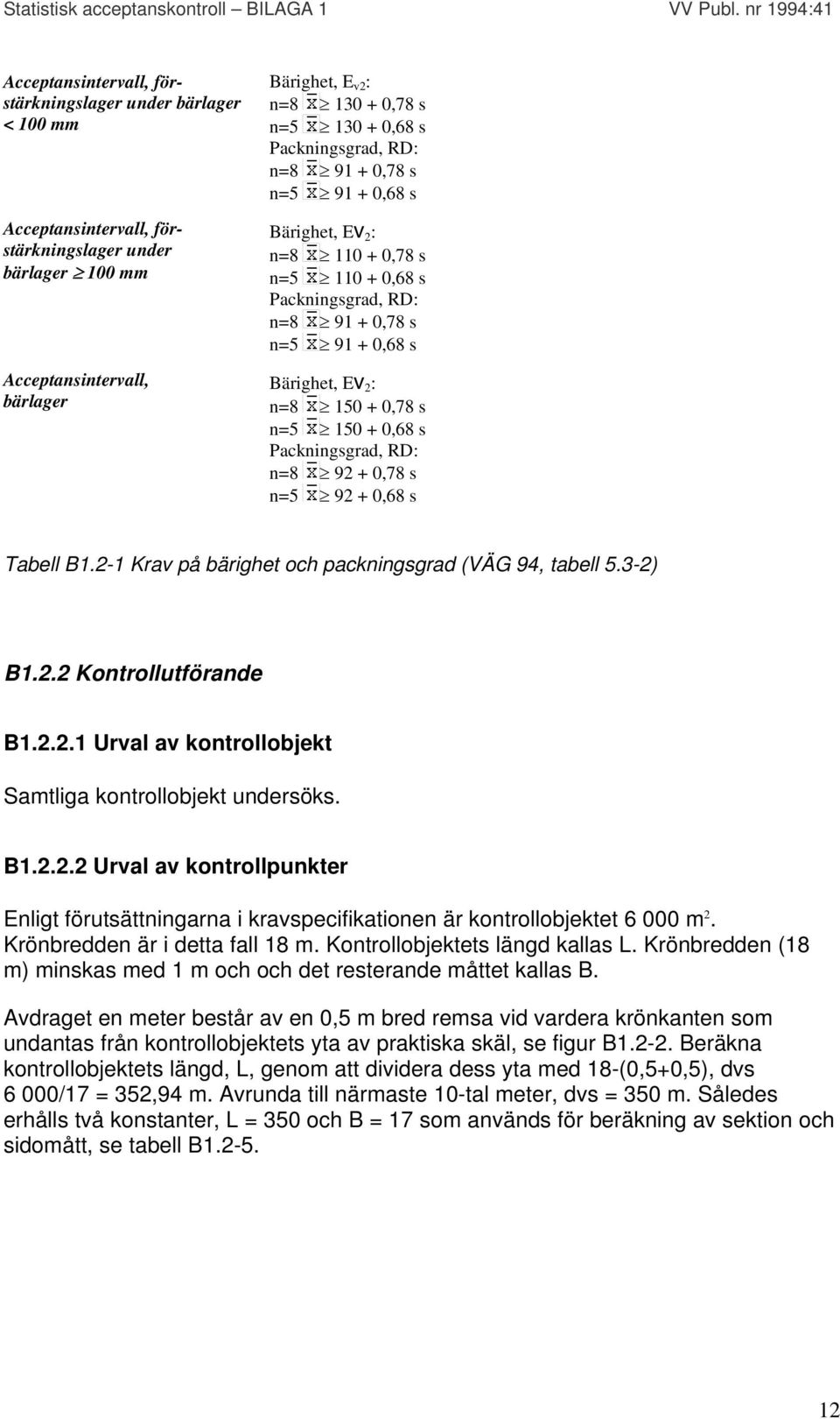 150 + 0,68 s Packningsgrad, RD: n=8 92 + 0,78 s n=5 92 + 0,68 s Tabell B1.2-1 Krav på bärighet och packningsgrad (VÄG 94, tabell 5.3-2) B1.2.2 Kontrollutförande B1.2.2.1 Urval av kontrollobjekt Samtliga kontrollobjekt undersöks.