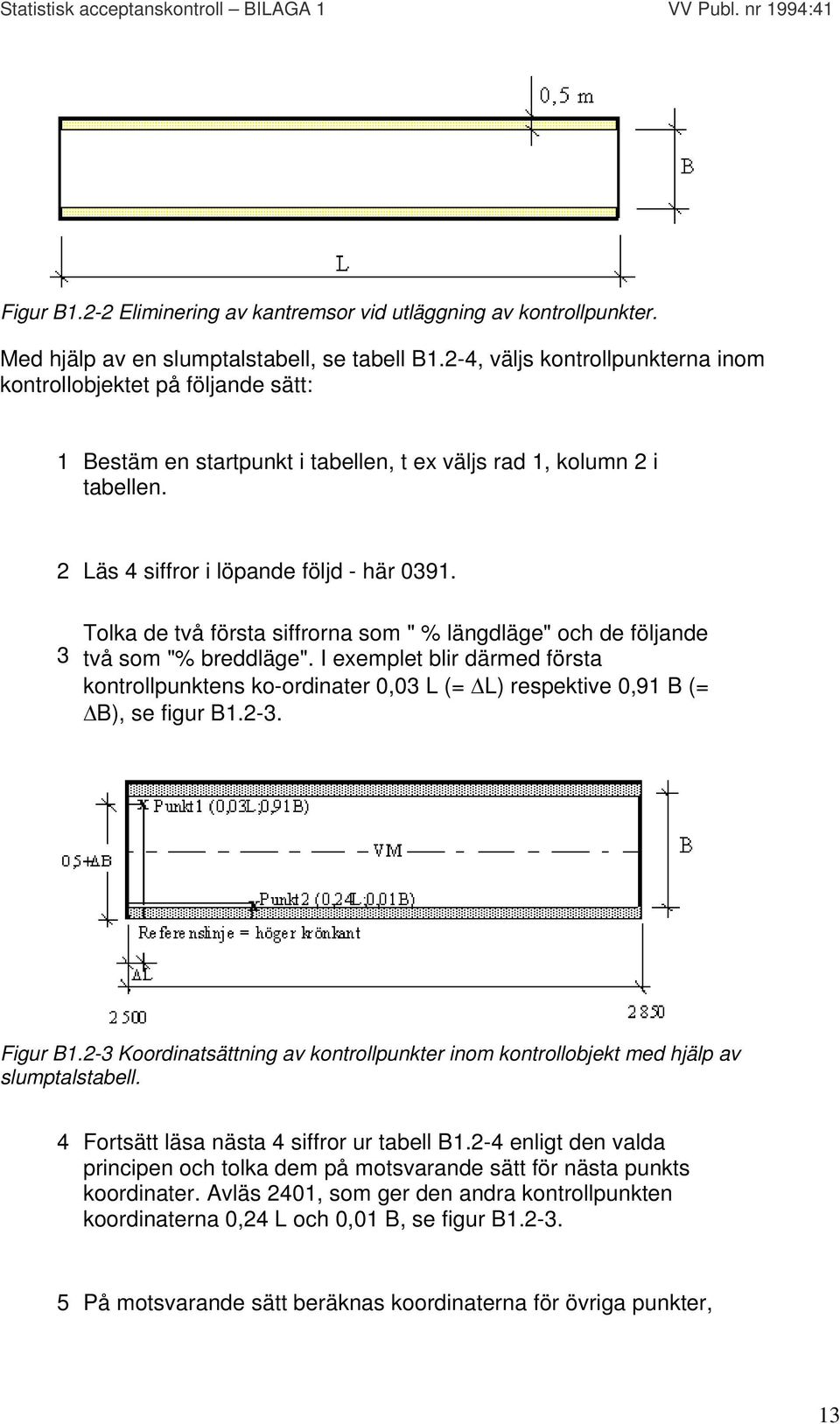 3 Tolka de två första siffrorna som " % längdläge" och de följande två som "% breddläge". I exemplet blir därmed första kontrollpunktens ko-ordinater 0,03 L (= L) respektive 0,91 B (= B), se figur B1.