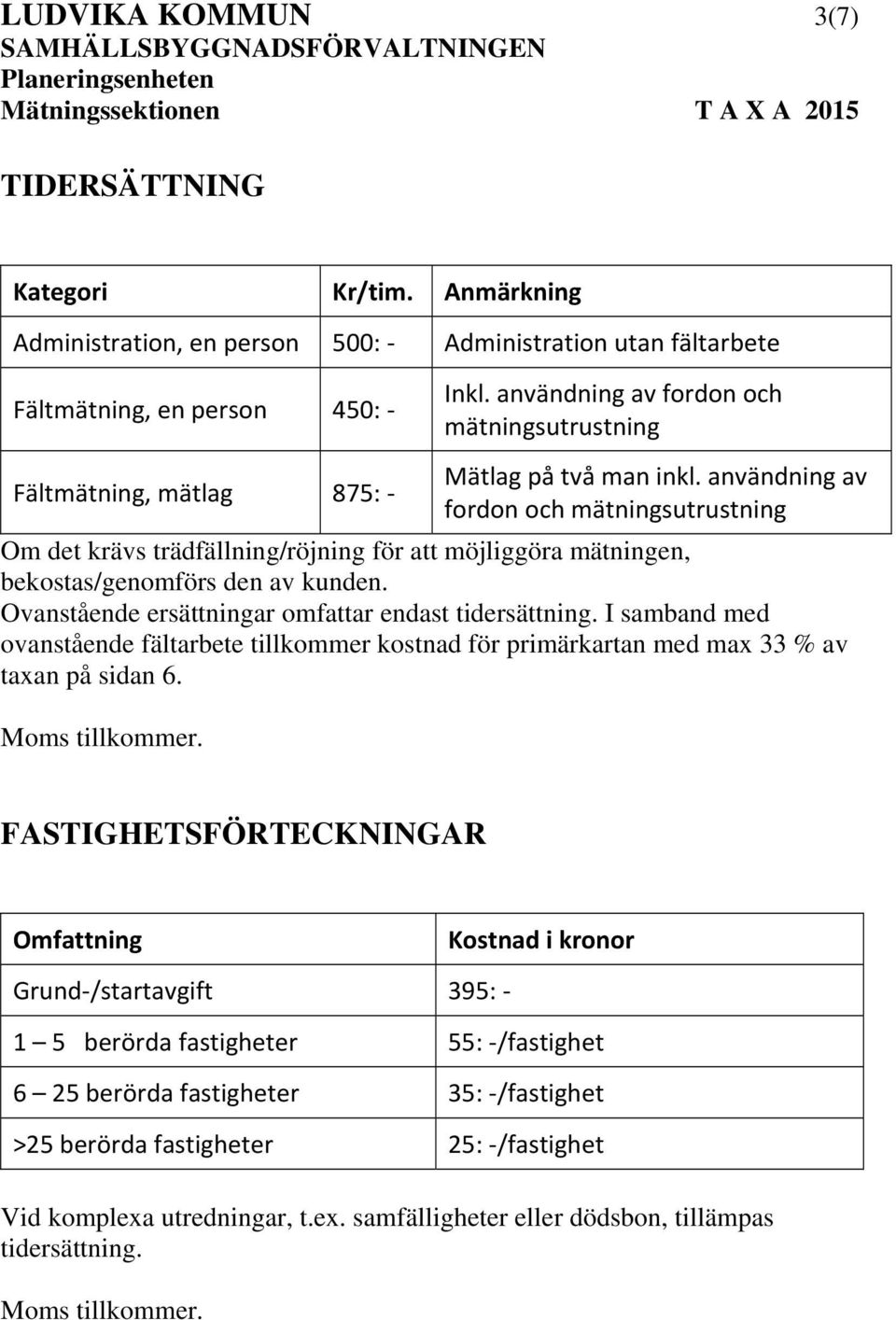 användning av fordon och mätningsutrustning Om det krävs trädfällning/röjning för att möjliggöra mätningen, bekostas/genomförs den av kunden. Ovanstående ersättningar omfattar endast tidersättning.