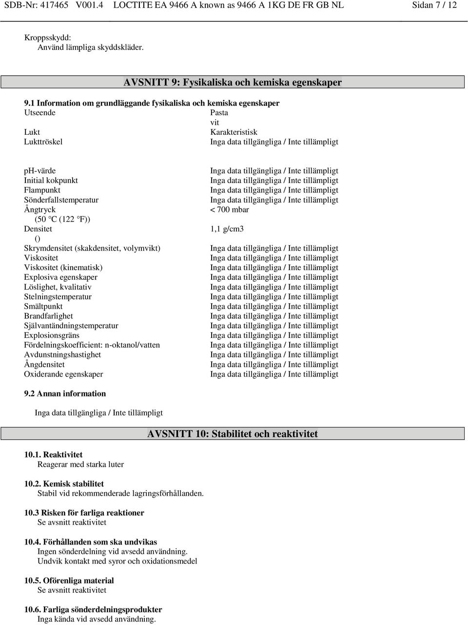 Densitet () Skrymdensitet (skakdensitet, volymvikt) Viskositet Viskositet (kinematisk) Explosiva egenskaper Löslighet, kvalitativ Stelningstemperatur Smältpunkt Brandfarlighet