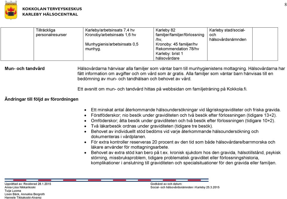 hänvisar alla familjer som väntar barn till munhygienistens mottagning. Hälsovårdarna har fått information om avgifter och om vård som är gratis.