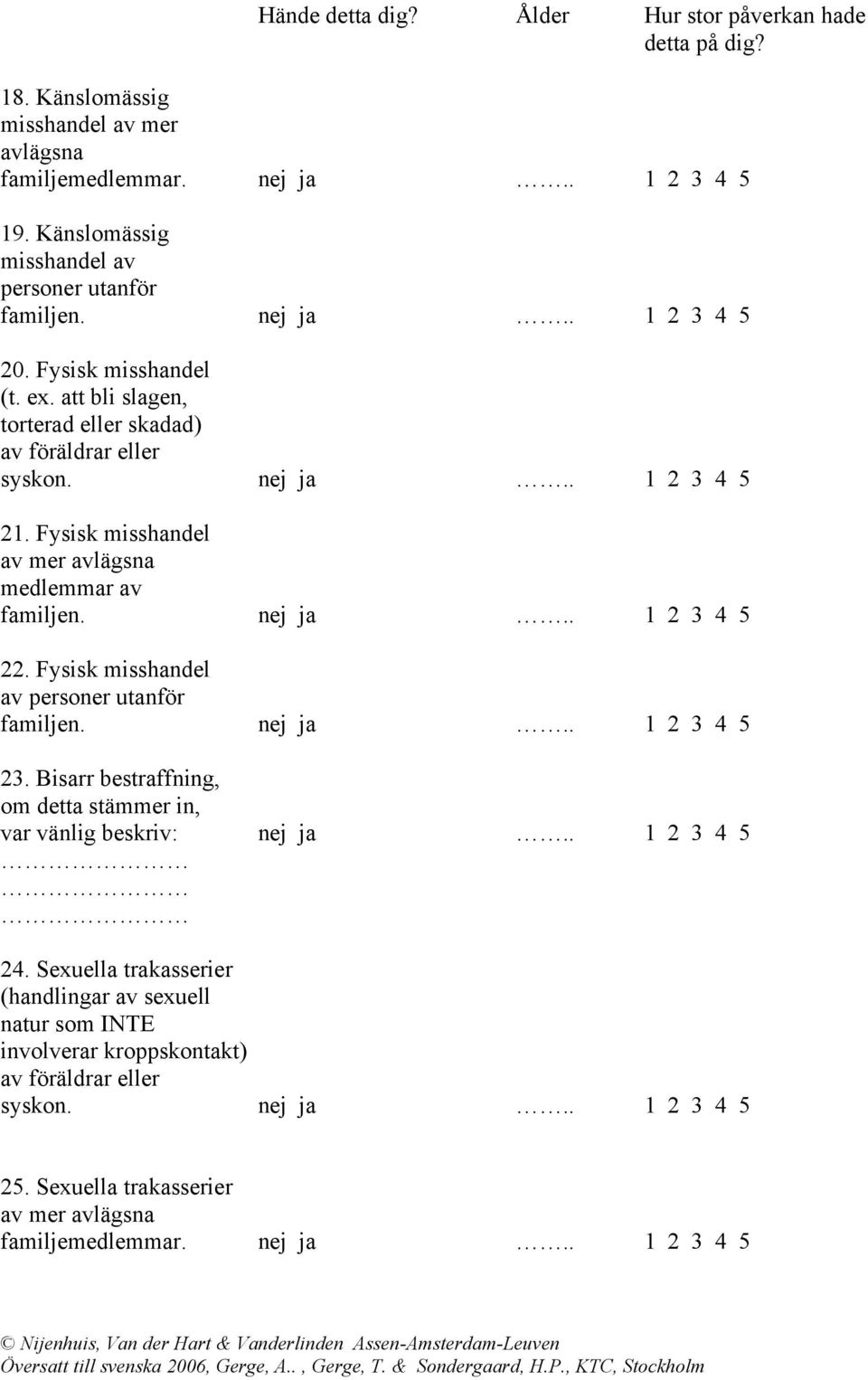 Fysisk misshandel av personer utanför familjen. nej ja.. 1 2 3 4 5 23. Bisarr bestraffning, om detta stämmer in, var vänlig beskriv: nej ja.. 1 2 3 4 5 24.