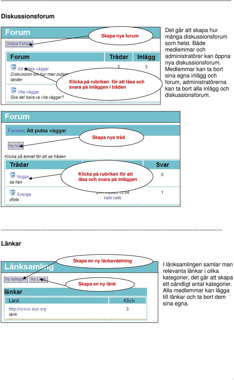 Medlemmar kan ta bort sina egna inlägg och forum, administratörerna kan ta bort alla inlägg och diskussionsforum.