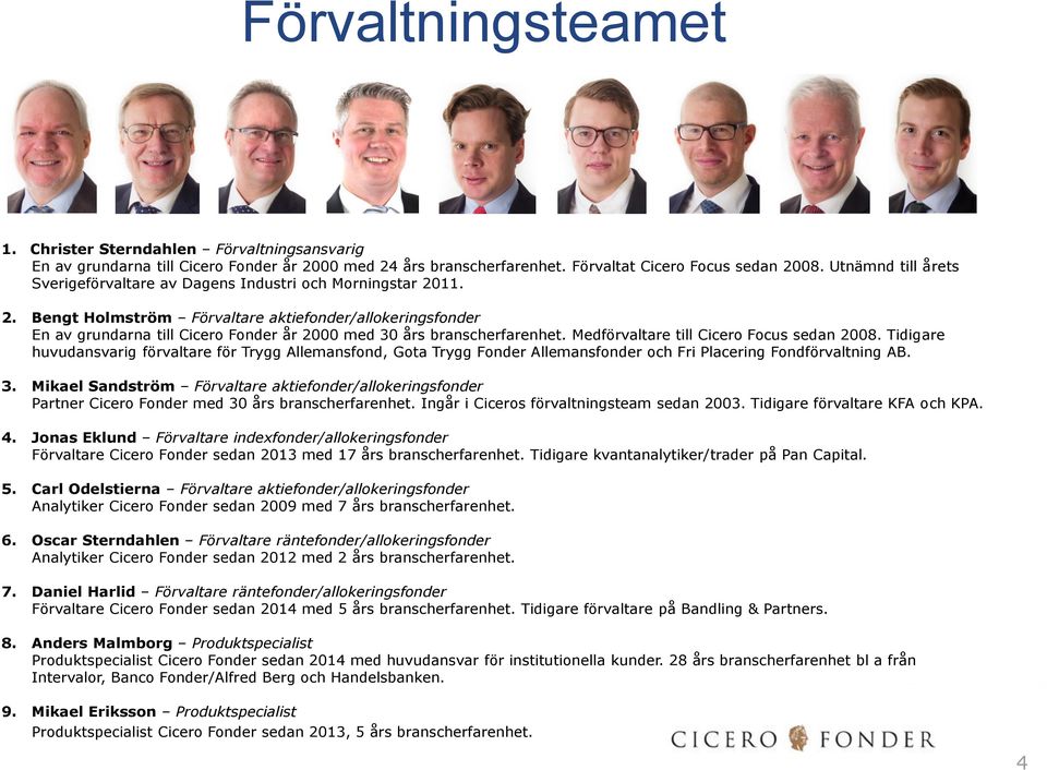 11. 2. Bengt Holmström Förvaltare aktiefonder/allokeringsfonder En av grundarna till Cicero Fonder år 2000 med 30 års branscherfarenhet. Medförvaltare till Cicero Focus sedan 2008.