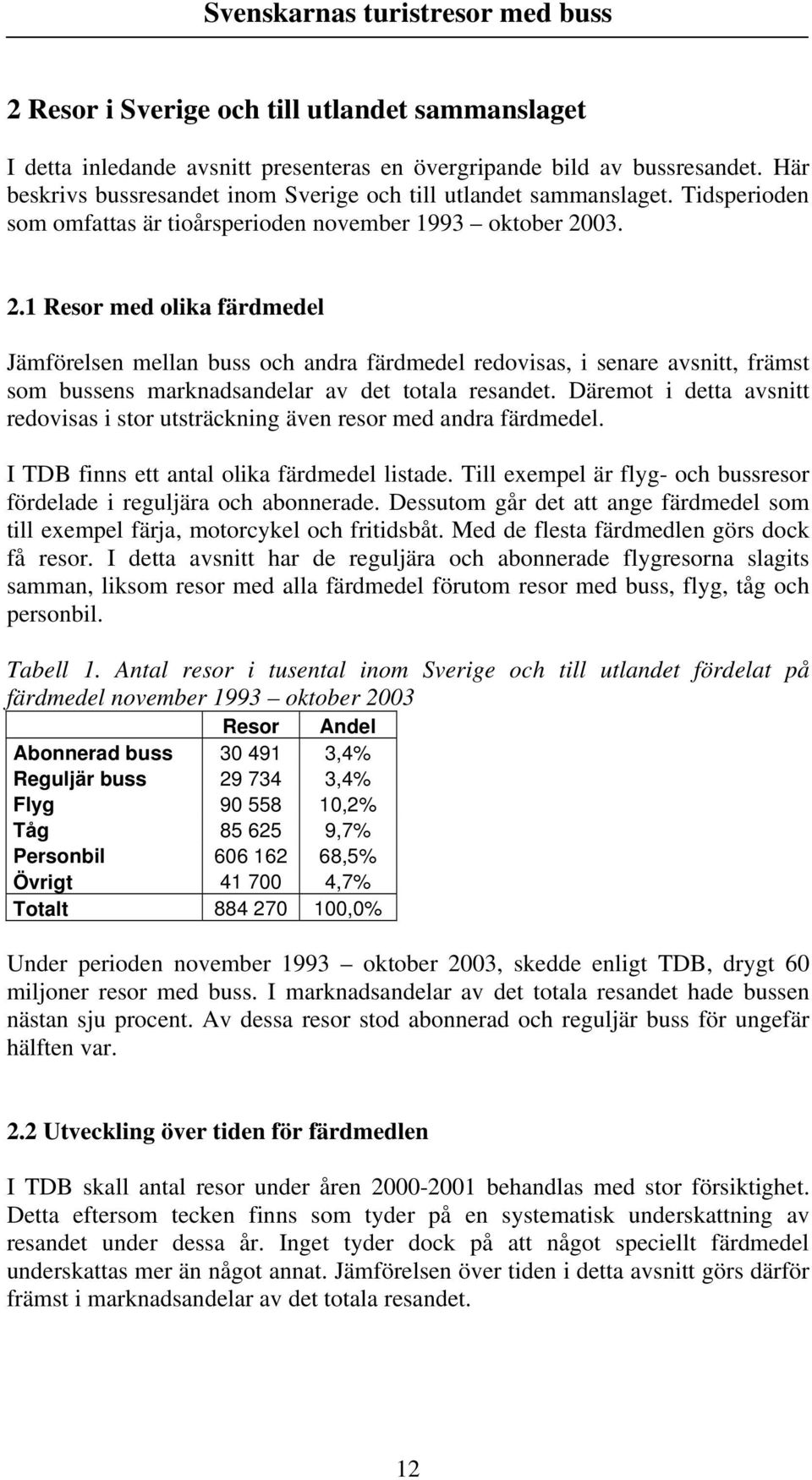 03. 2.1 Resor med olika färdmedel Jämförelsen mellan buss och andra färdmedel redovisas, i senare avsnitt, främst som bussens marknadsandelar av det totala resandet.