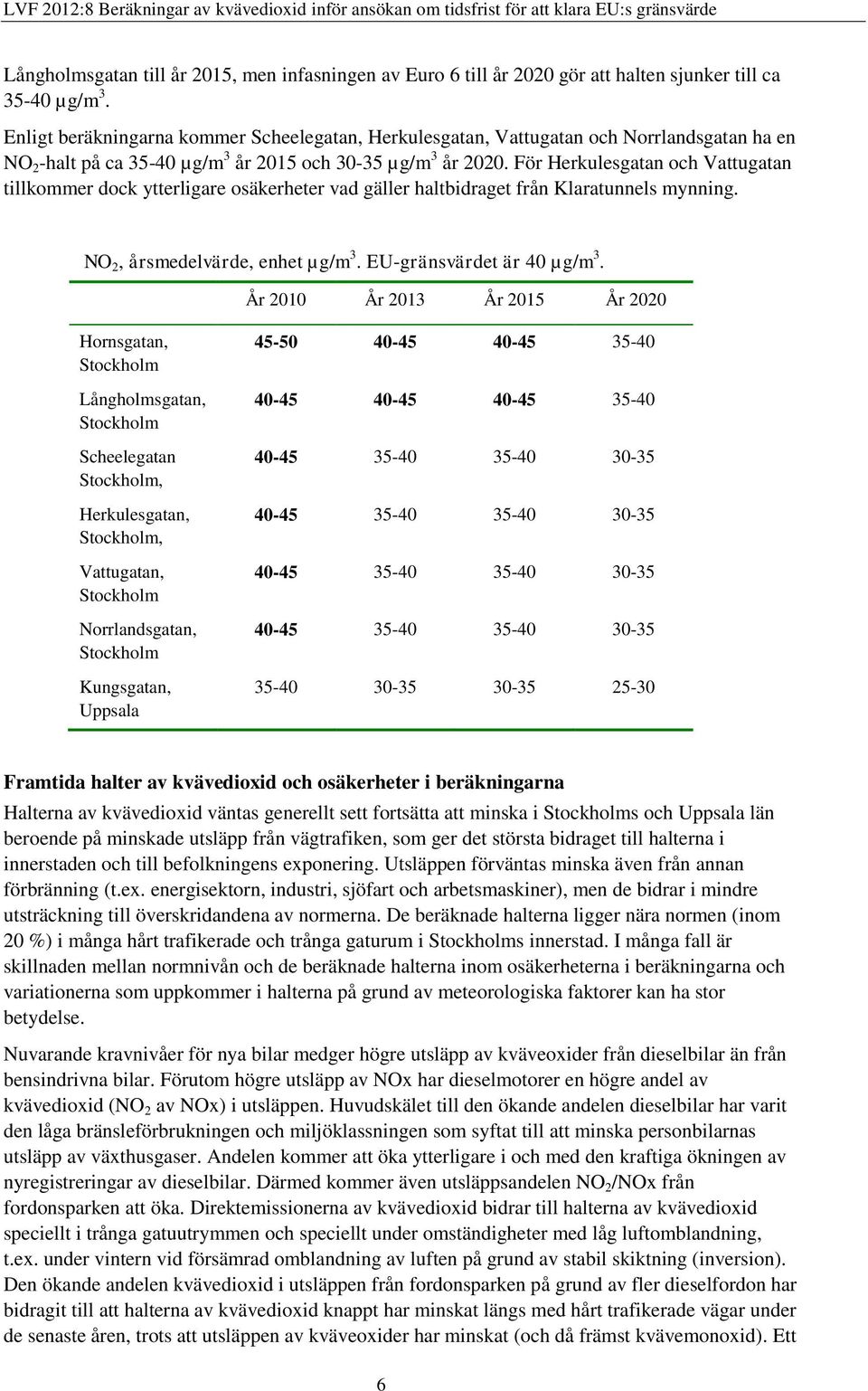 För Herkulesgatan och Vattugatan tillkommer dock ytterligare osäkerheter vad gäller haltbidraget från Klaratunnels mynning. NO 2, årsmedelvärde, enhet µg/m 3. EU-gränsvärdet är 40 µg/m 3.