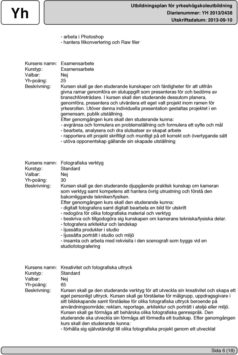 I kursen skall den studerande dessutom planera, genomföra, presentera och utvärdera ett eget valt projekt inom ramen för yrkesrollen.