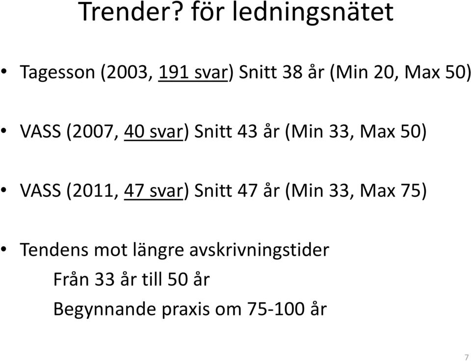 50) VASS (2007, 40 svar) Snitt 43 år (Min 33, Max 50) VASS (2011, 47