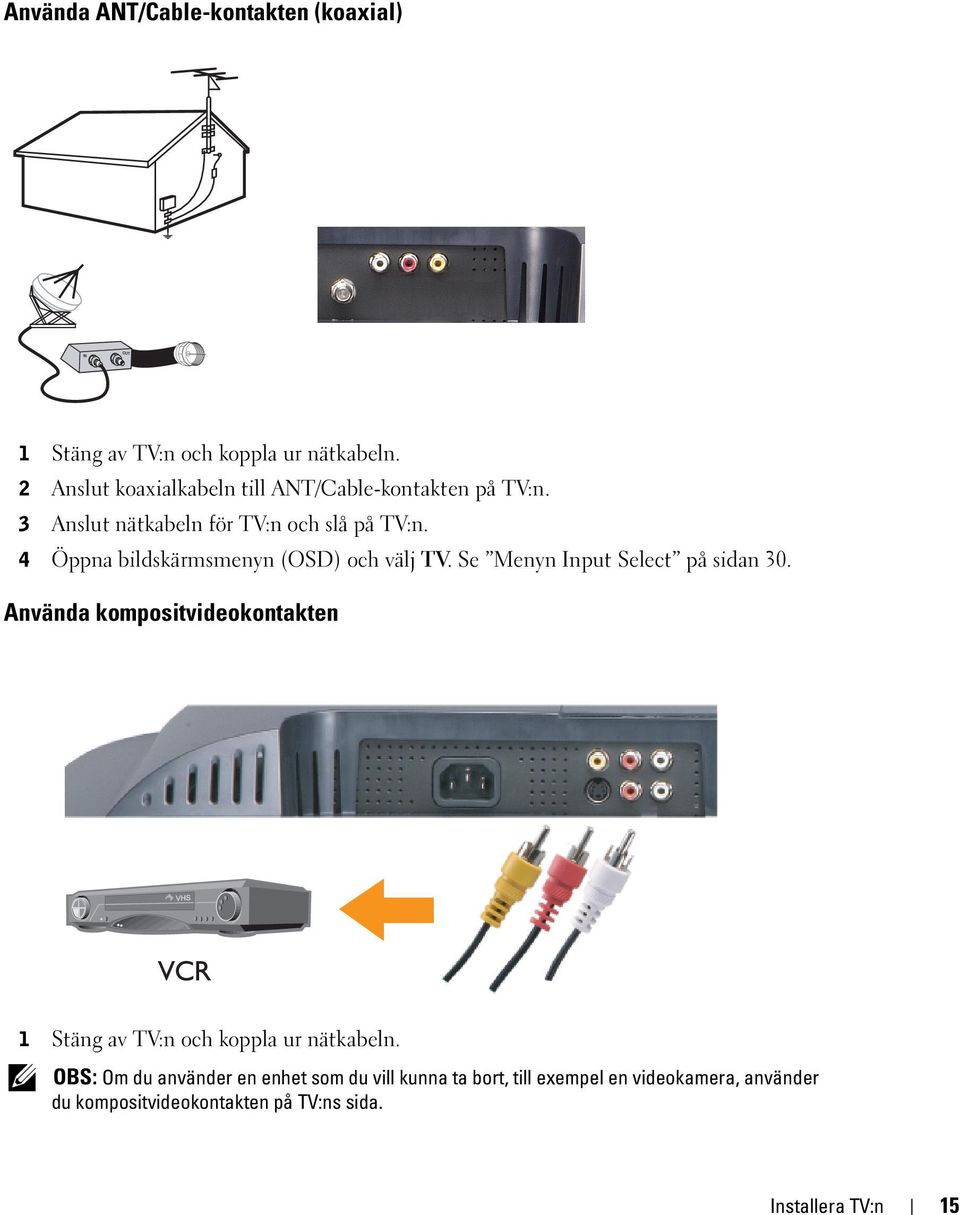 4 Öppna bildskärmsmenyn (OSD) och välj TV. Se Menyn Input Select på sidan 30.