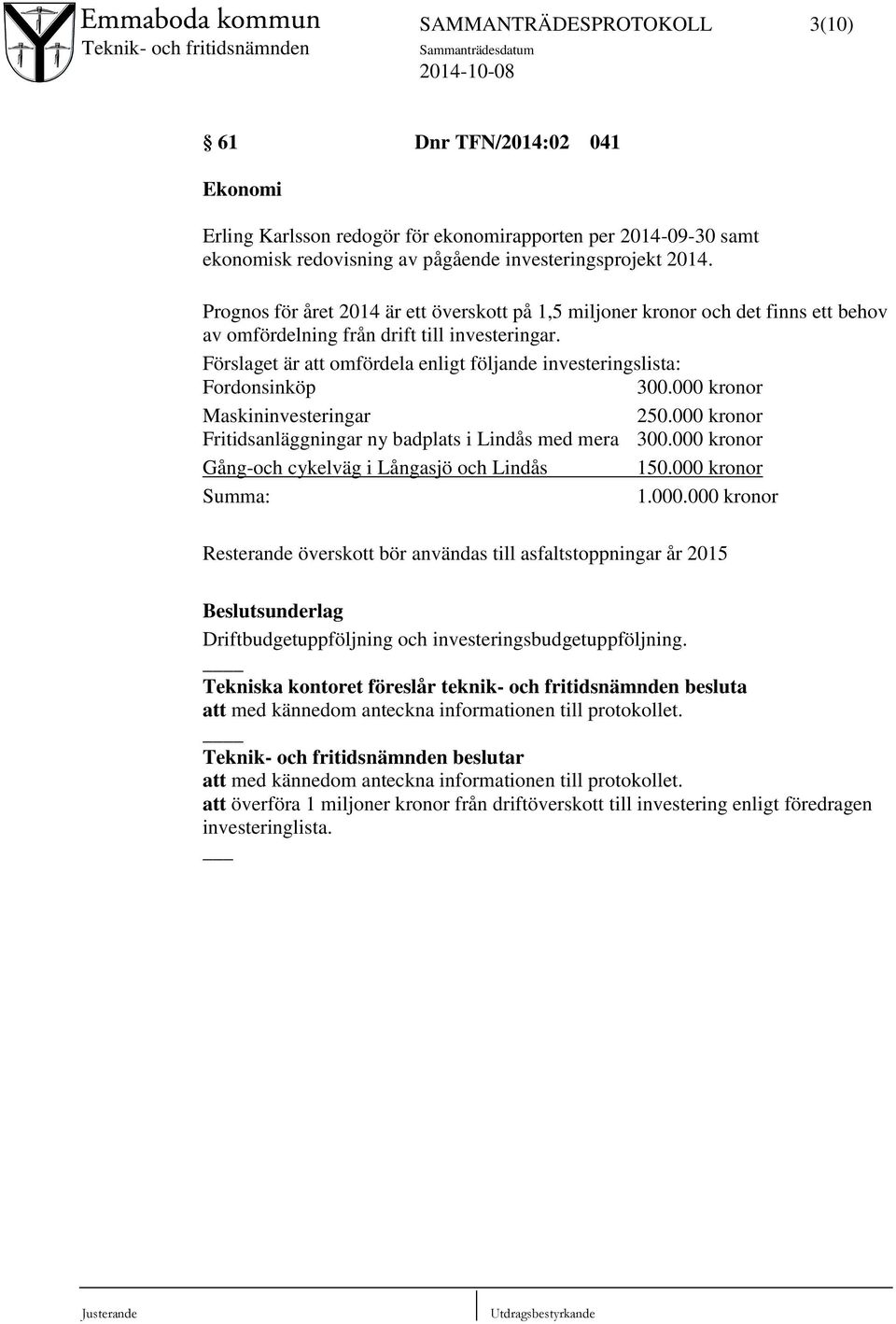 Förslaget är att omfördela enligt följande investeringslista: Fordonsinköp 300.000 kronor Maskininvesteringar 250.000 kronor Fritidsanläggningar ny badplats i Lindås med mera 300.