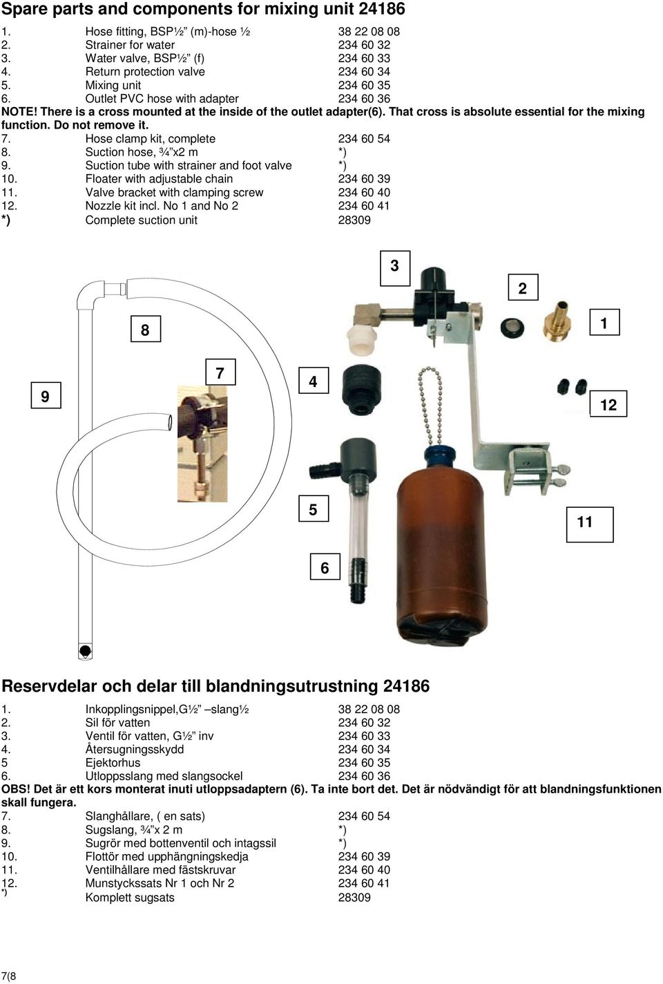 Do not remove it. 7. Hose clamp kit, complete 234 60 54 8. Suction hose, ¾ x2 m *) 9. Suction tube with strainer and foot valve *) 10. Floater with adjustable chain 234 60 39 11.