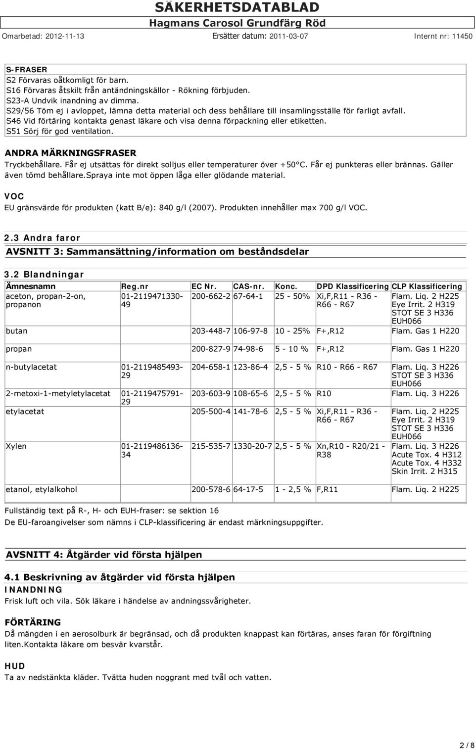 S51 Sörj för god ventilation. ANDRA MÄRKNINGSFRASER Tryckbehållare. Får ej utsättas för direkt solljus eller temperaturer över +50 C. Får ej punkteras eller brännas. Gäller även tömd behållare.