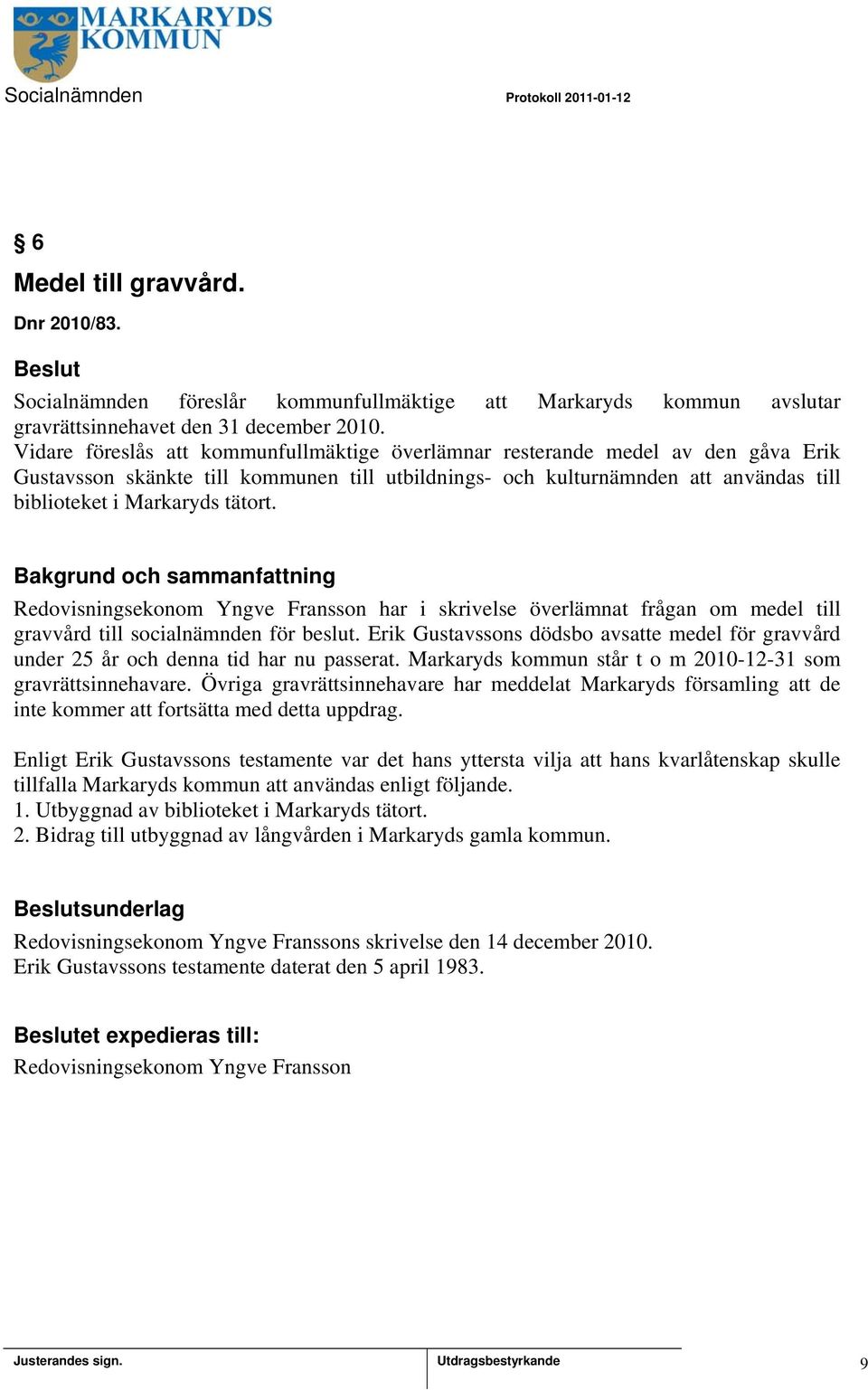 tätort. Redovisningsekonom Yngve Fransson har i skrivelse överlämnat frågan om medel till gravvård till socialnämnden för beslut.